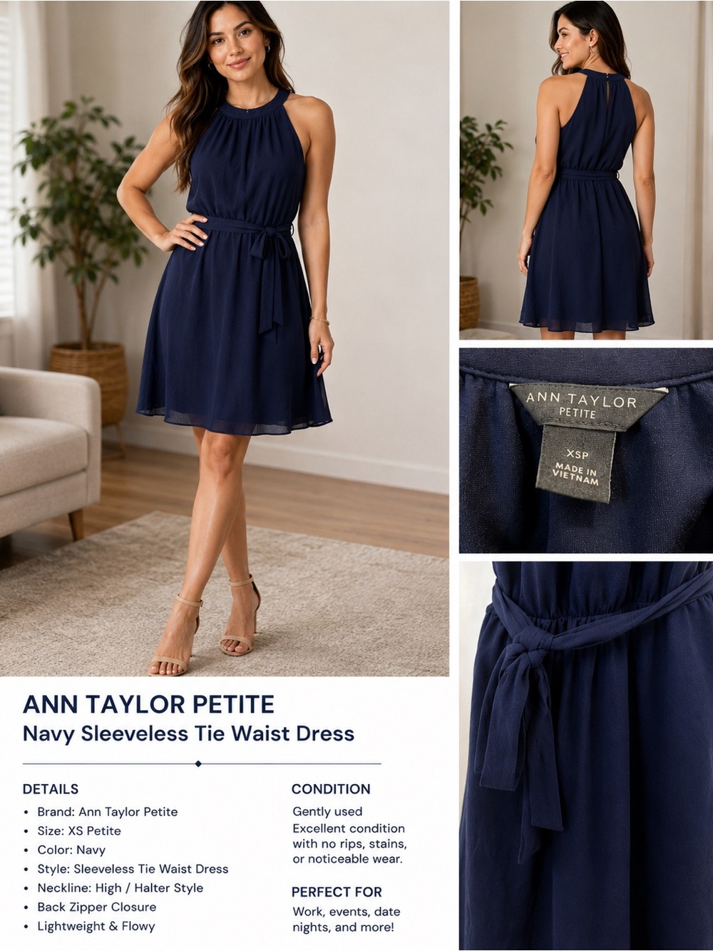 Ann Taylor Navy Sleeveless Halter Tie-Waist Mini Dress XSP